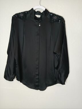 Vintage Embellished Ornate Beaded Black Silk Satin Blouse Mandarin Collar